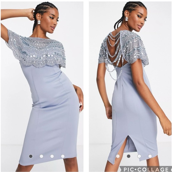 ASOS Design Embellished Cape Midi Scuba Dress Dusty‎ Blue 2 - Picture 2 of 14